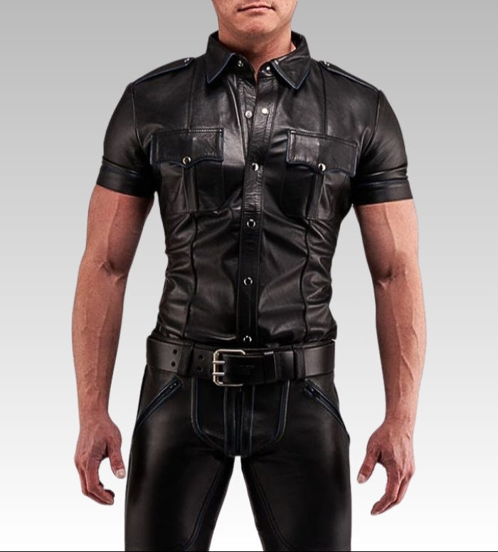 Leather Uniform Shirt Blue Piping for sale