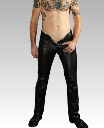 Man wearing black leather pants for sale