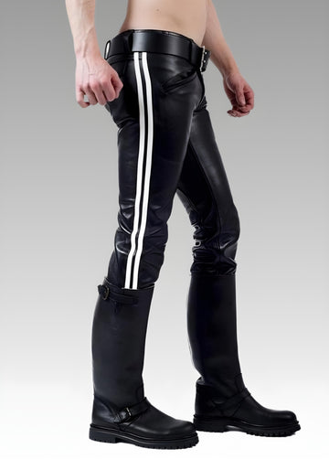 Men's Real Leather Pants with White Stripes for sale