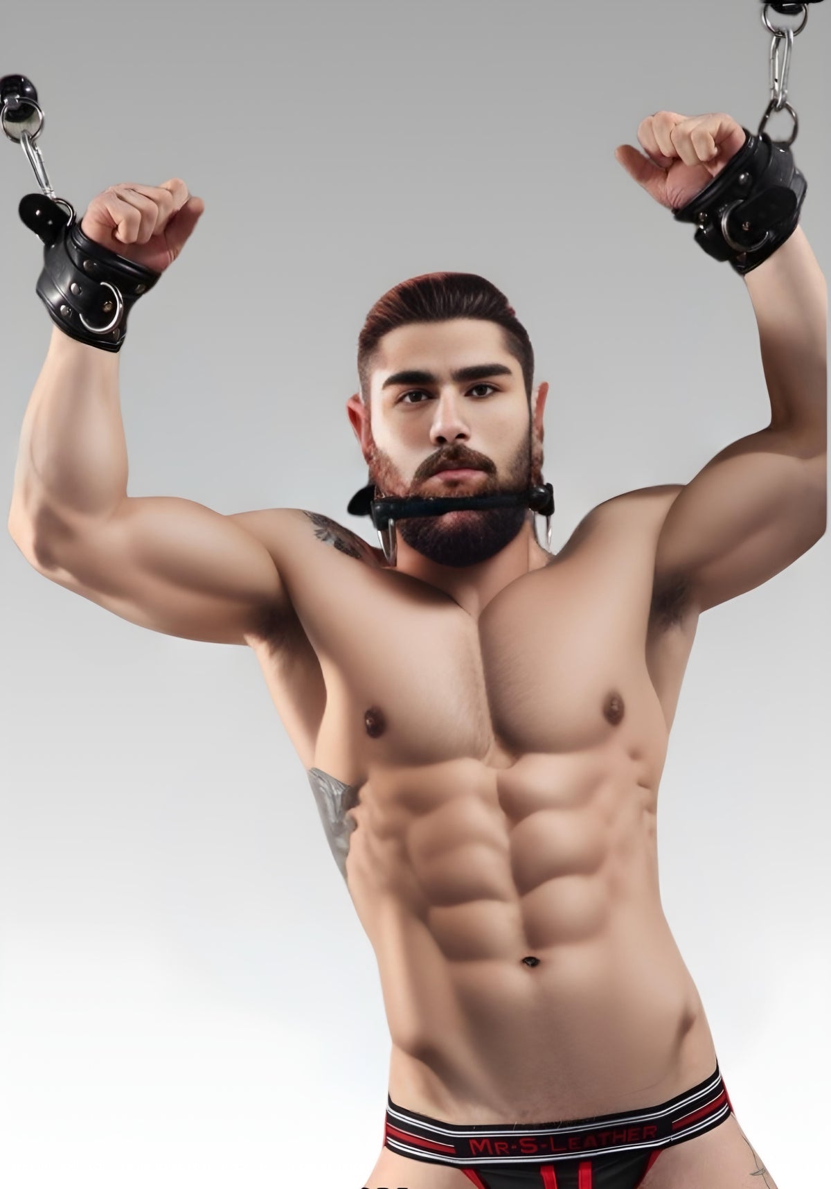 Padded black leather wrist cuffs shown worn with metal attachment rings
