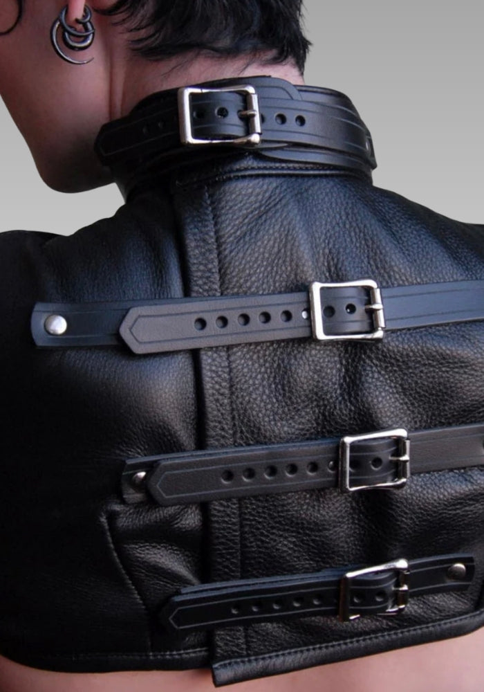 Bolero Leather Straitjacket, straitjacket bondage, straitjacket bdsm, jacket restraint, bolero straitjacket, woman straight jacket for sale
