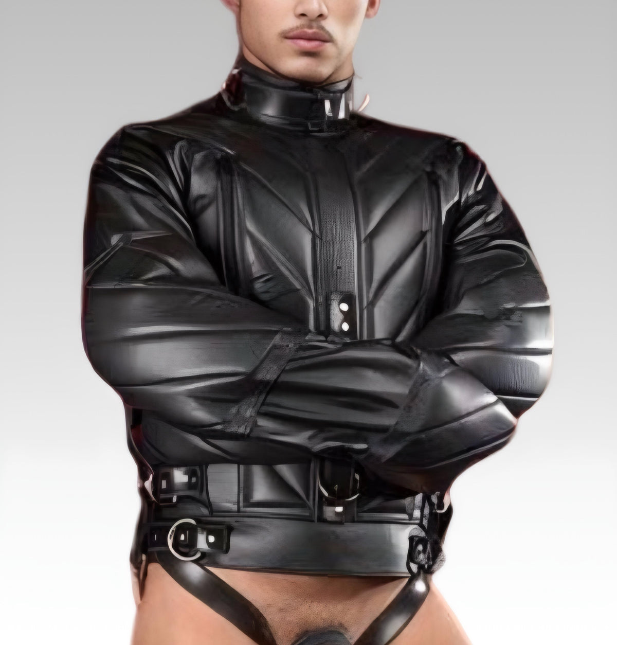 Front view of the black Vector Ultra-Padded leather straitjacket with crossed sleeves and waist straps