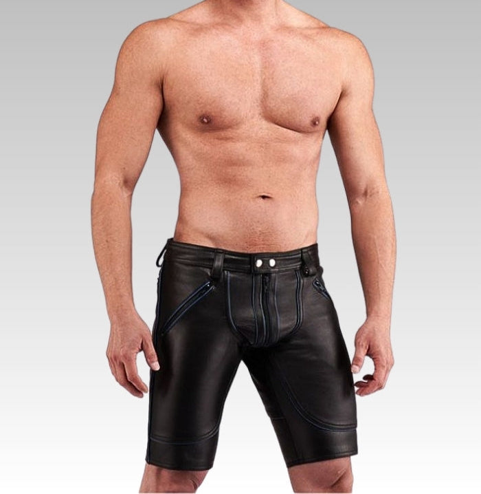 Man wearing black leather shorts for sale