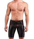 Man wearing black leather shorts with red stitching for sale