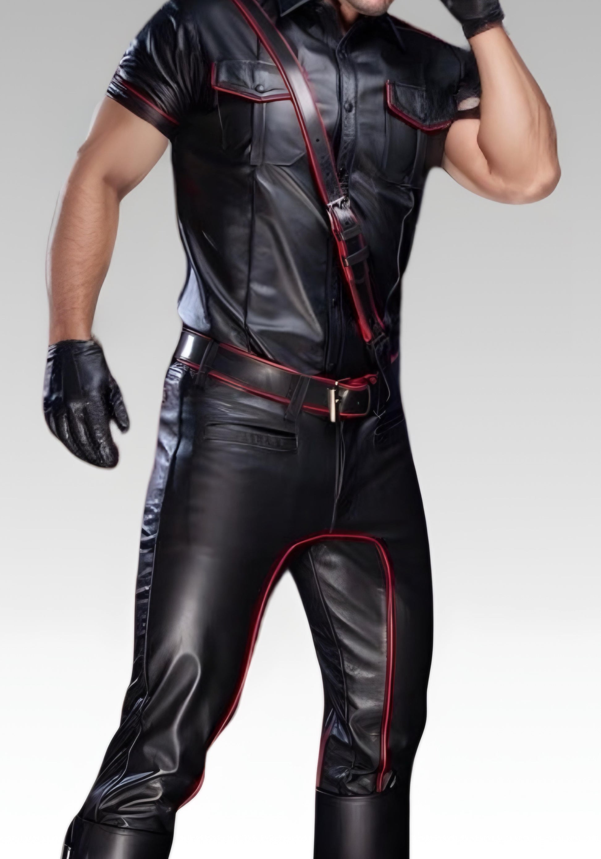 Person wearing a black leather outfit with red accents on a white background