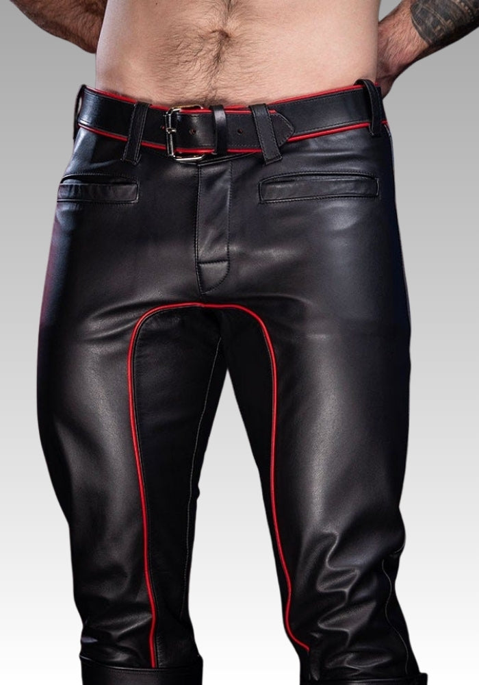 Black leather pants with red piping for sale