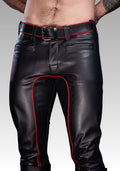 Black leather pants with red piping for sale