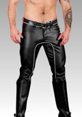 Black leather pants with white piping worn by a person on a gray background