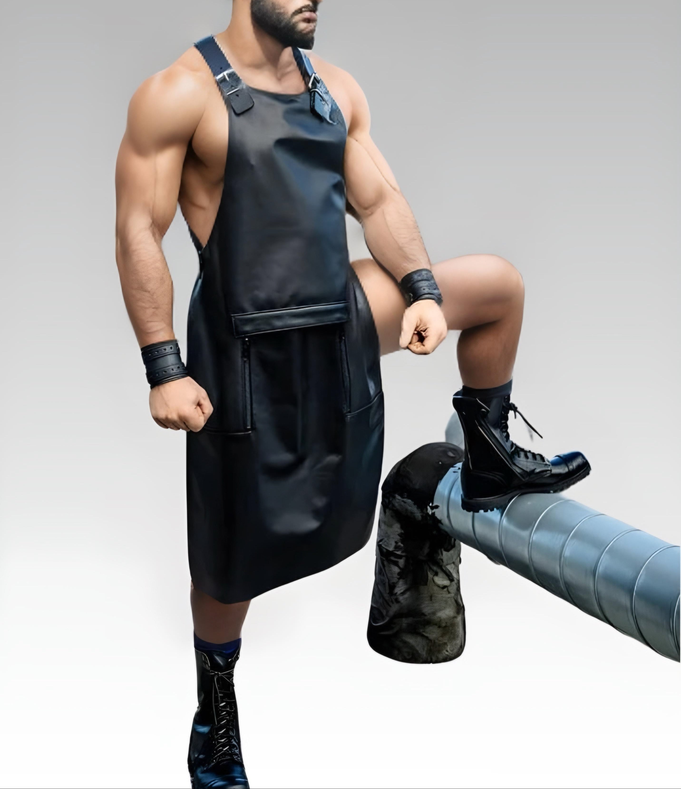 Leather Sailor Front Apron - Zip-Access Fetish Apron for Gay Men