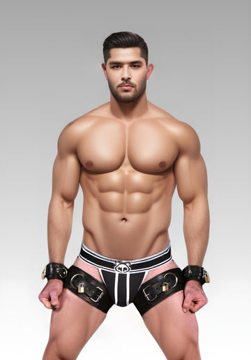 Locking Thigh to Wrist Restraints, thigh and wrist restraints, wrist to thigh restraints, locking restraints, extreme restraints for sale
