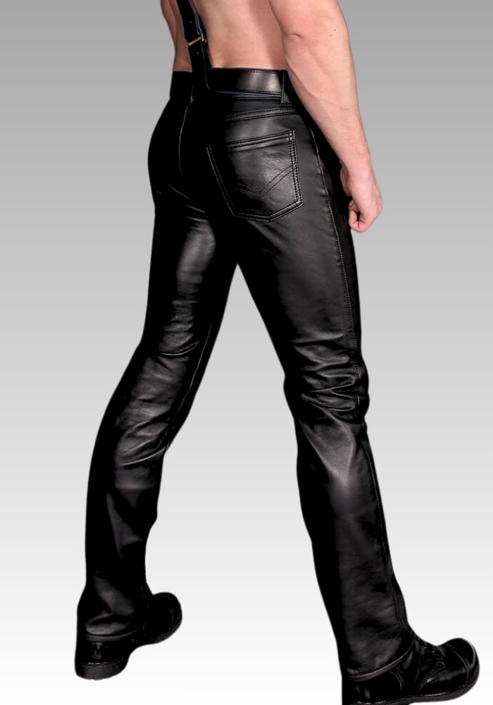 Black leather pants worn by a person for sale