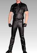 Person wearing a black leather outfit with gloves for sale