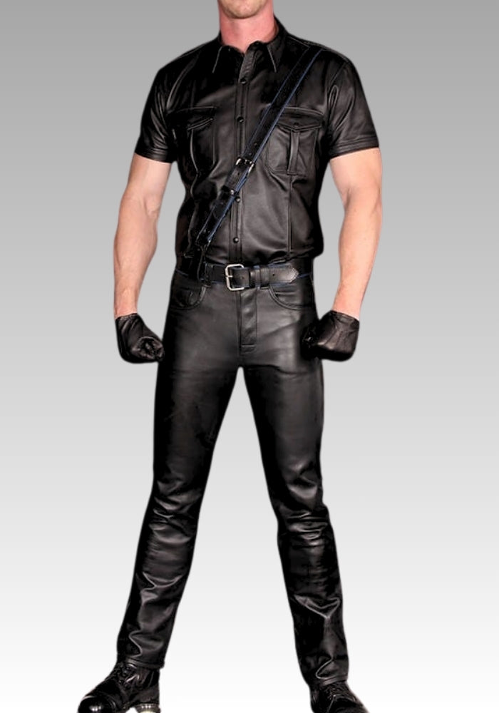 Person wearing a black leather outfit with gloves for sale