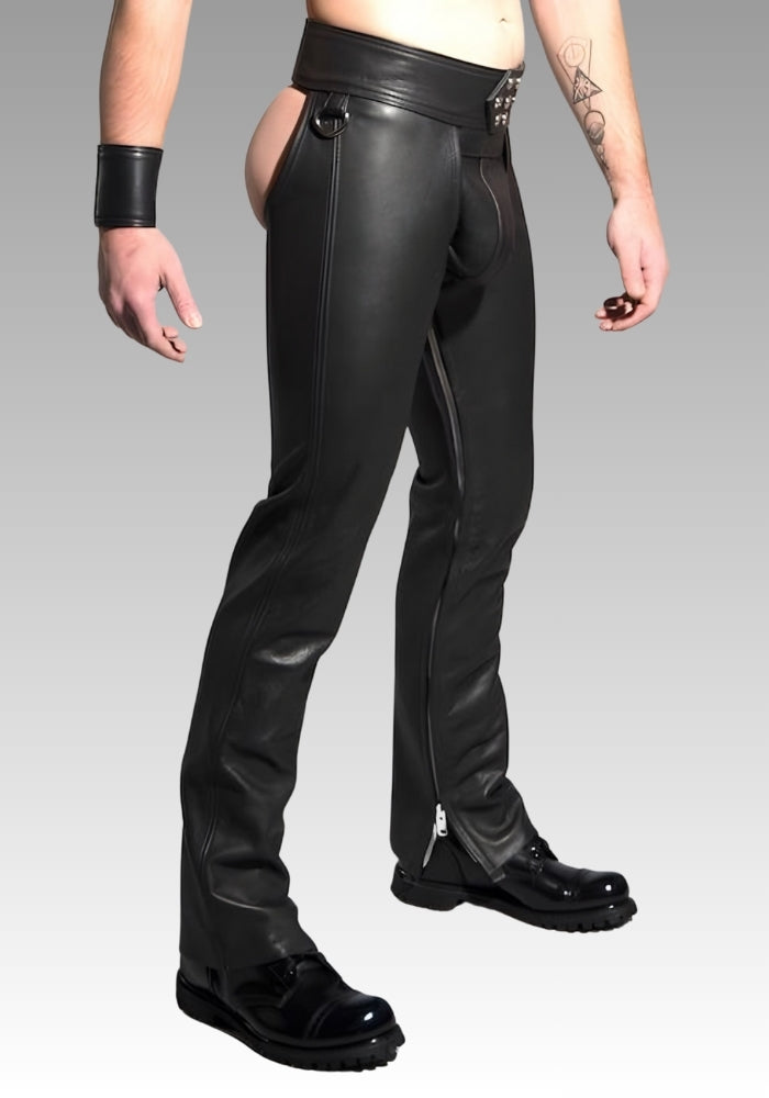 Side view of the 7-Snaps leather chaps showing the leg shape and waistband