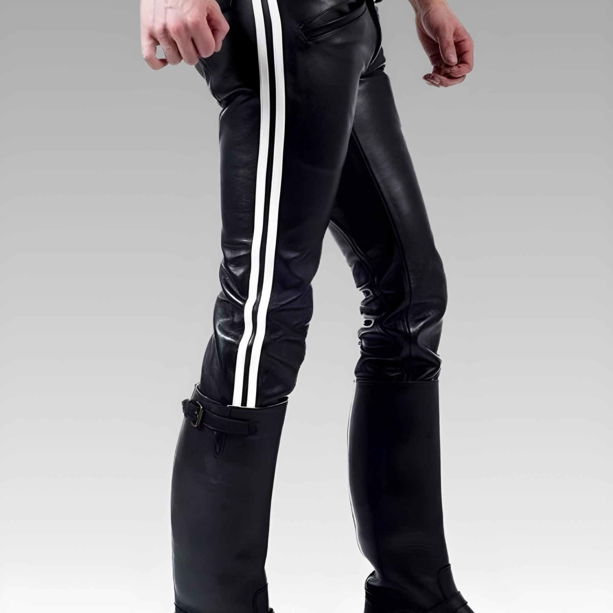 Men's Real Leather Pants with White Stripes for sale