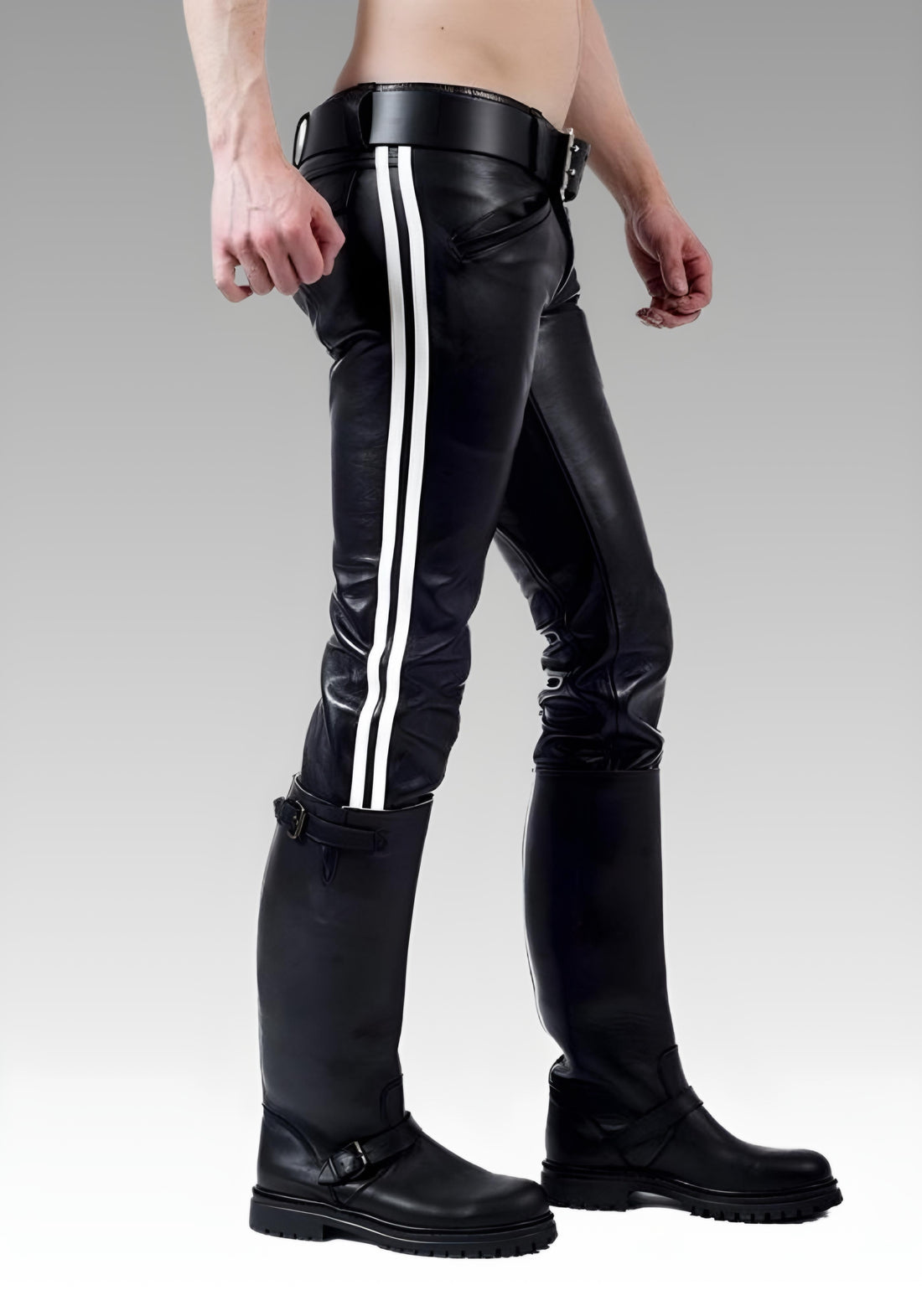 Men's Real Leather Pants with White Stripes for sale