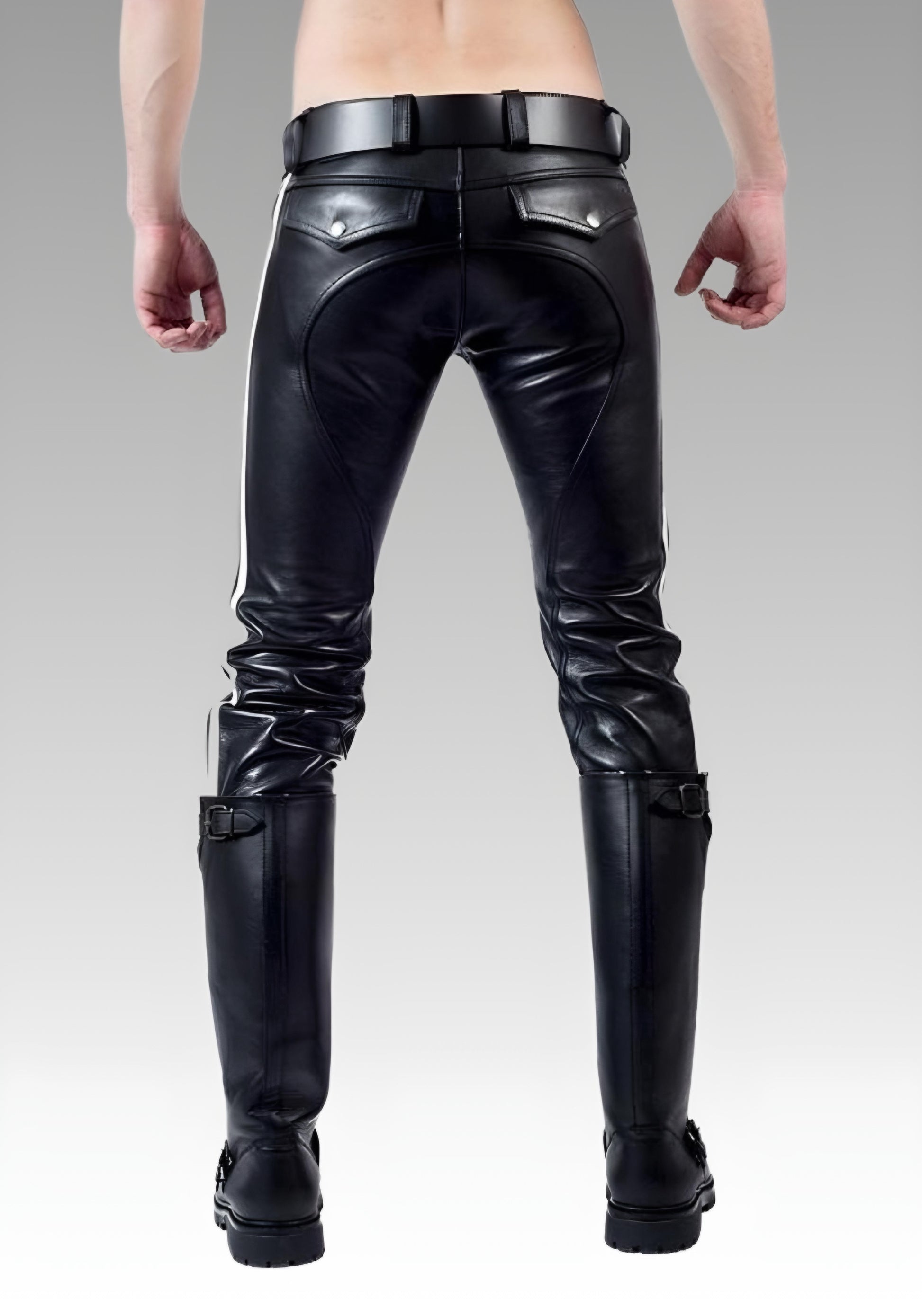 Men's Real Leather Pants with White Stripes for sale