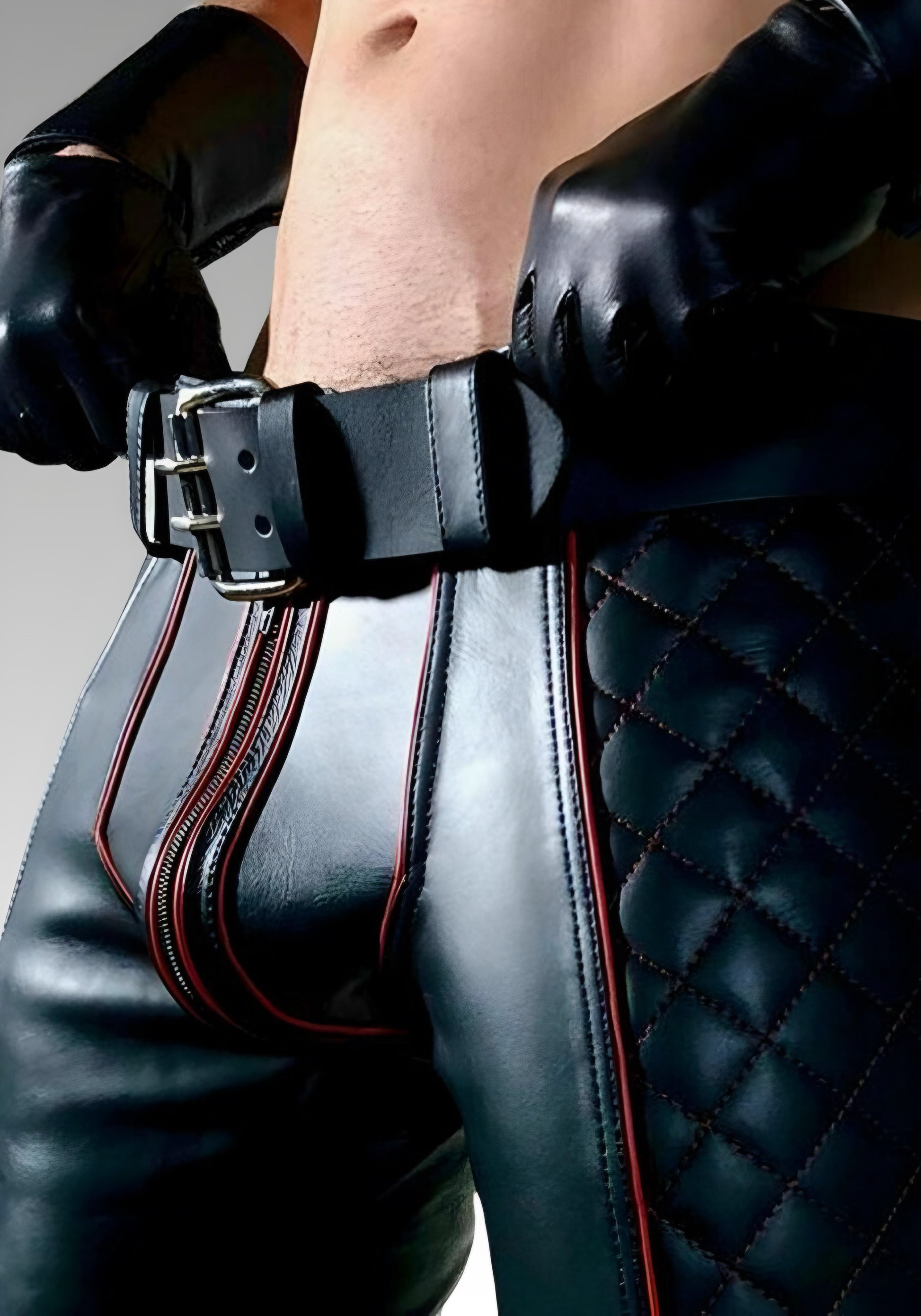 Mens Leather Quilted Pants with Red Accent for sale