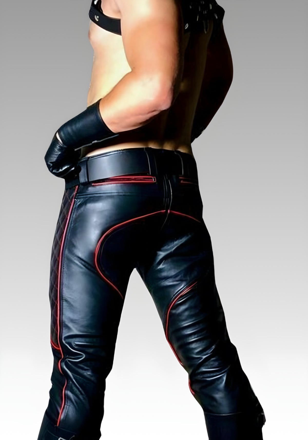 Mens Leather Quilted Pants with Red Accent for sale