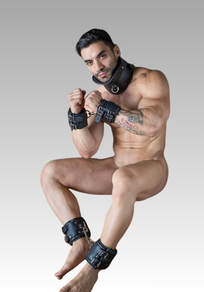 Lockable Dungeon Ankle Cuffs, wrist to ankle cuffs, wrist and ankle restraints, ankle restraints, BDSM ankle cuffs for sale