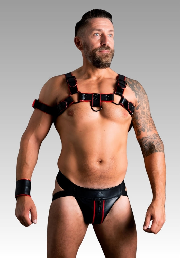 Red Piped Leather Wristband for sale