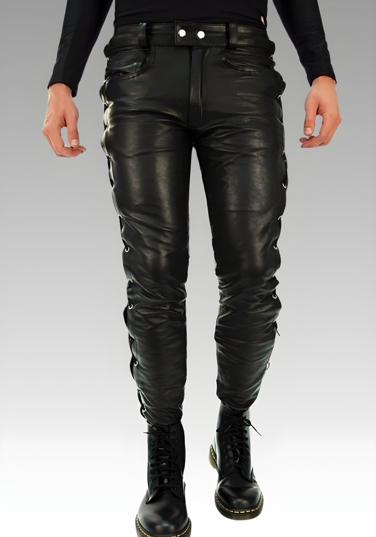 Full front view of the black side-laced leather trousers