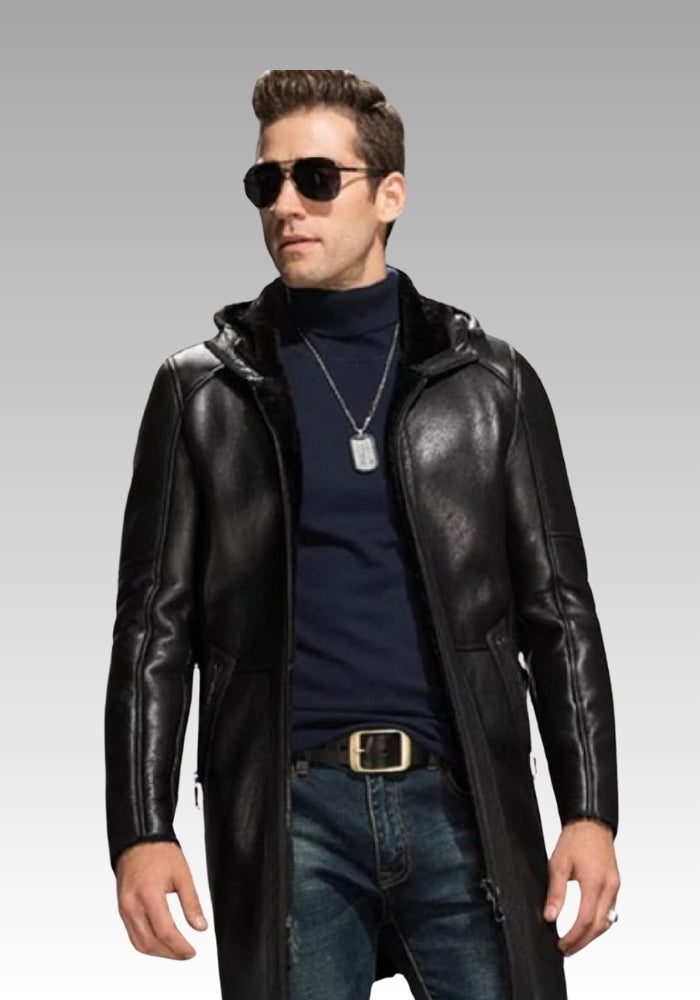 Alen Shearling Hooded Black Leather Jacket