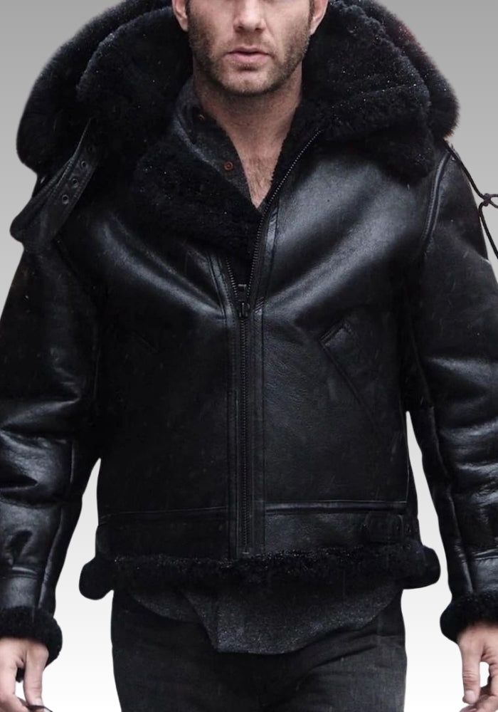 All Black B-3 Hooded Sheepskin Bomber Jacket