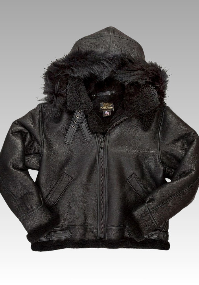 All Black B-3 Hooded Sheepskin Bomber Jacket