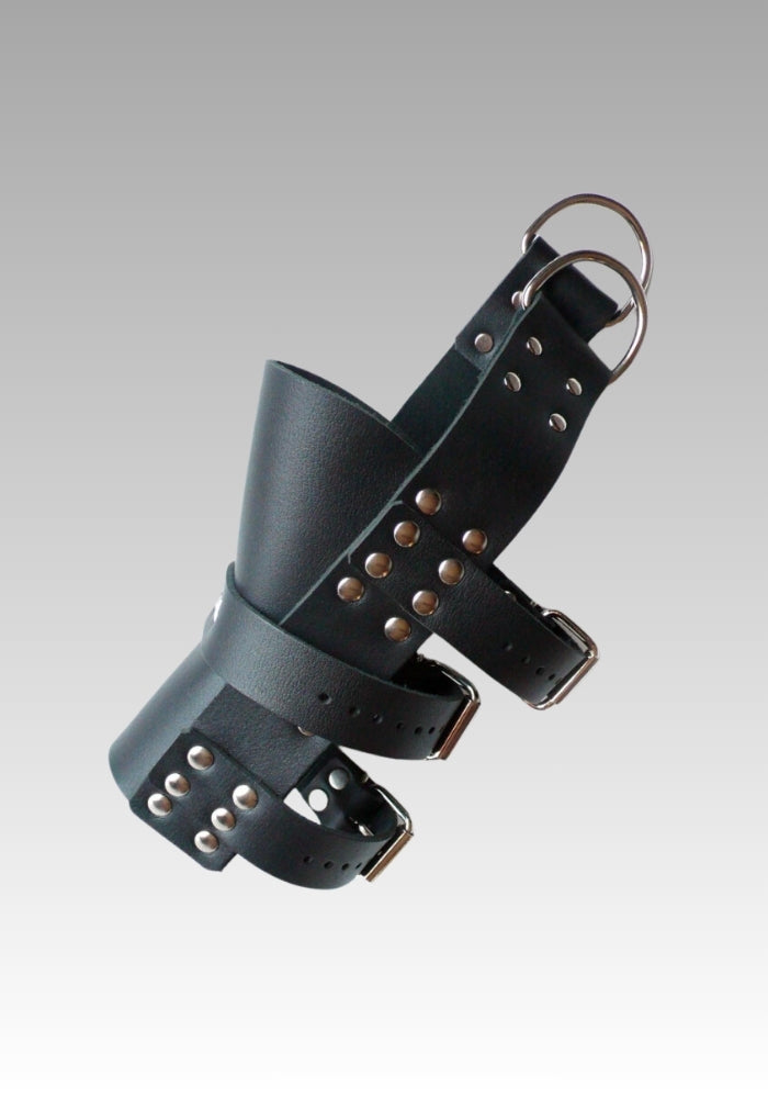 Black leather boot suspension cuff with riveted straps, buckle and metal rings