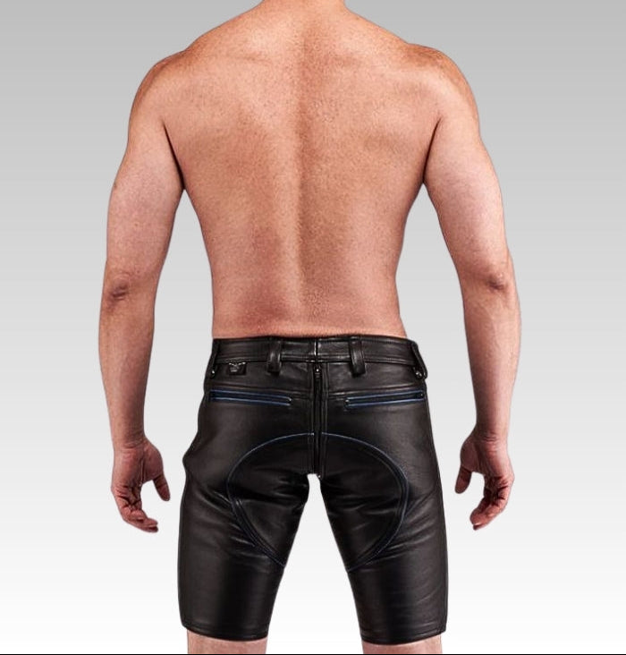 Rear view of black Leather FXXXer shorts showing back pockets and belt loops