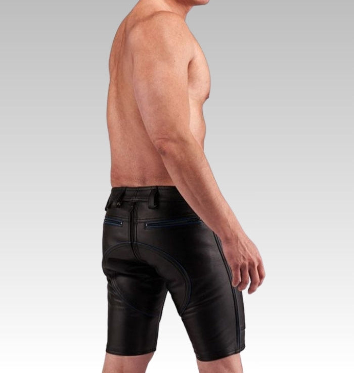 Side view of black Leather FXXXer shorts and the fitted leg cut