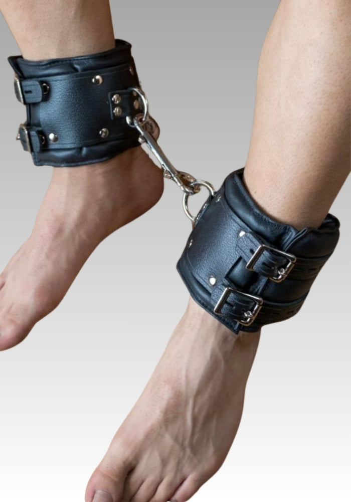 Lockable Dungeon Ankle Cuffs, wrist to ankle cuffs, wrist and ankle restraints, ankle restraints, BDSM ankle cuffs for sale