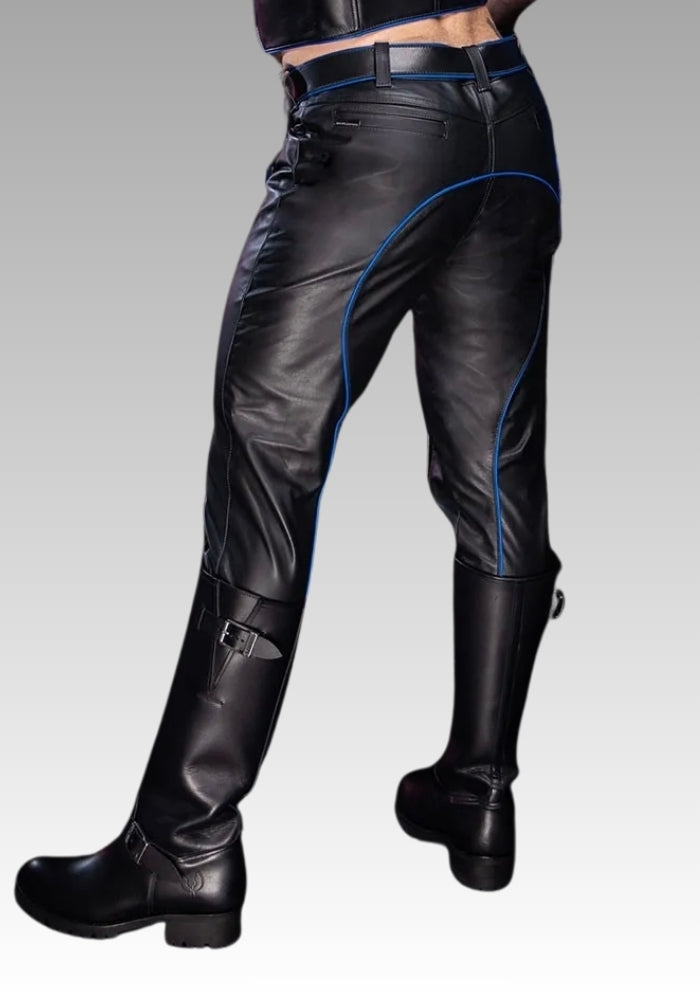 Men Leather Pant Piped Blue, leather pants bondage, gay leather pants, men leather pants, gay mens pants for sale