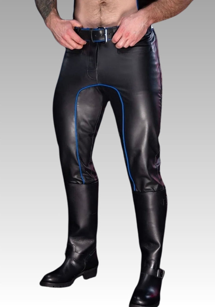 Men Leather Pant Piped Blue, leather pants bondage, gay leather pants, men leather pants, gay mens pants for sale