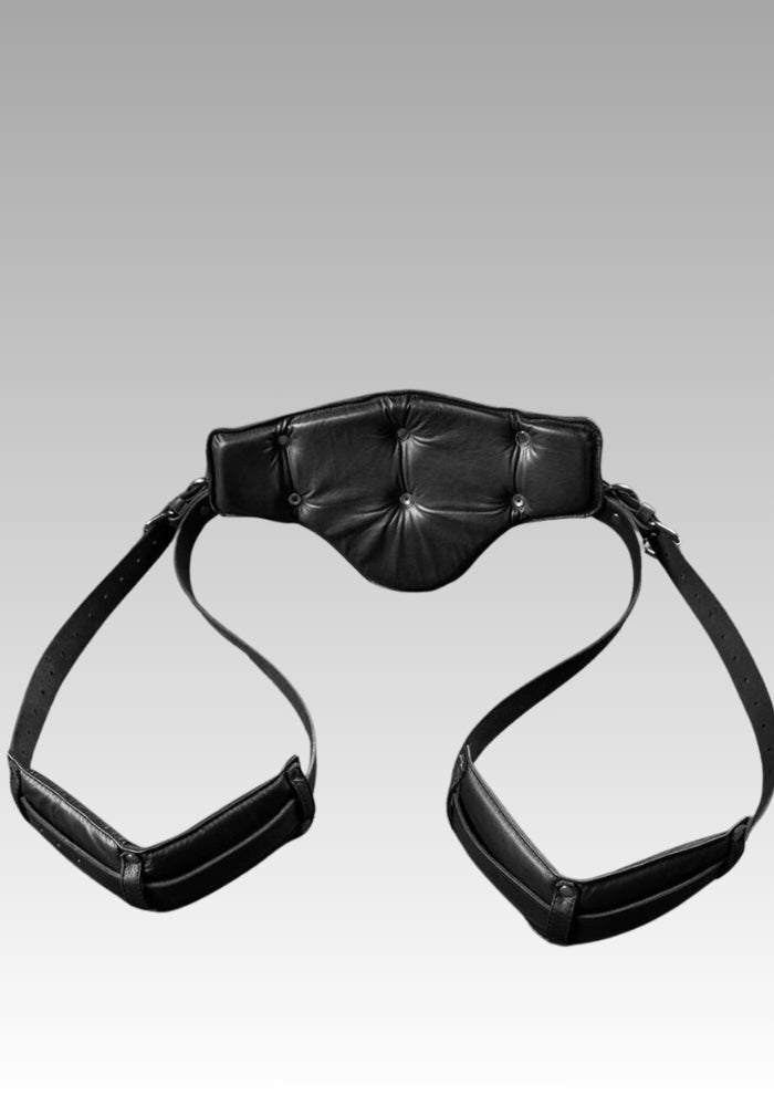 Deluxe Portable Sex Sling laid out to show its padded support and two leather strap loops