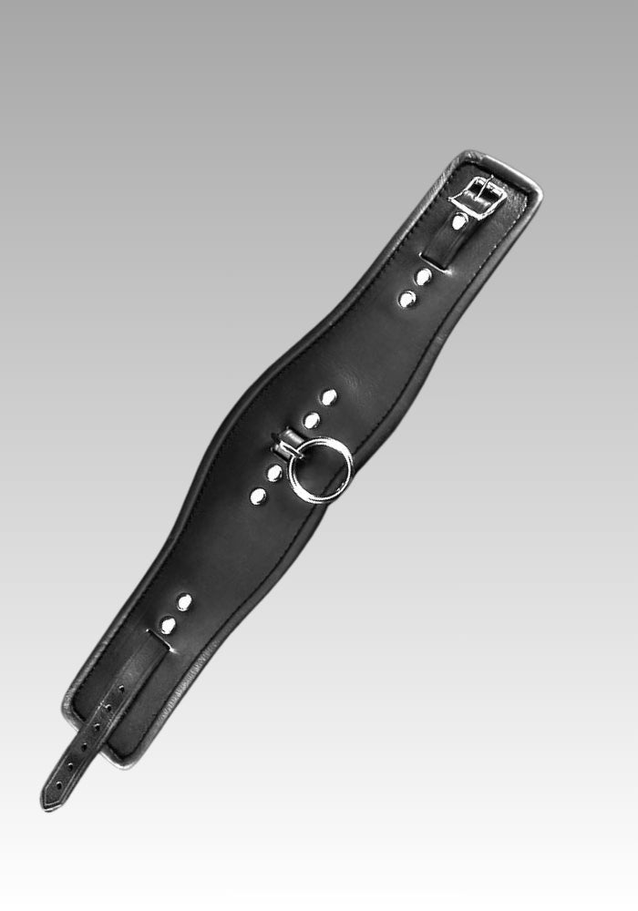 Black posture collar laid open with adjustment holes and a front attachment ring