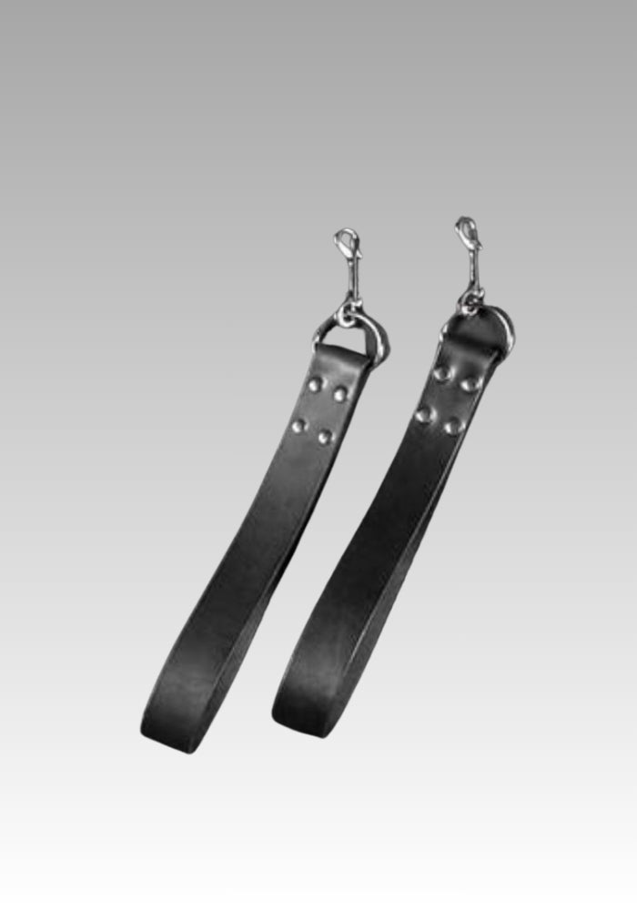 Pair of leather stirrup straps with rivets and metal clips shown with the Deluxe Web Sling